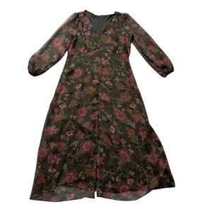 Talbots Dress Womens 6 Midi Floral Deep Moss Metallic Shimmer Fall Wedding Guest